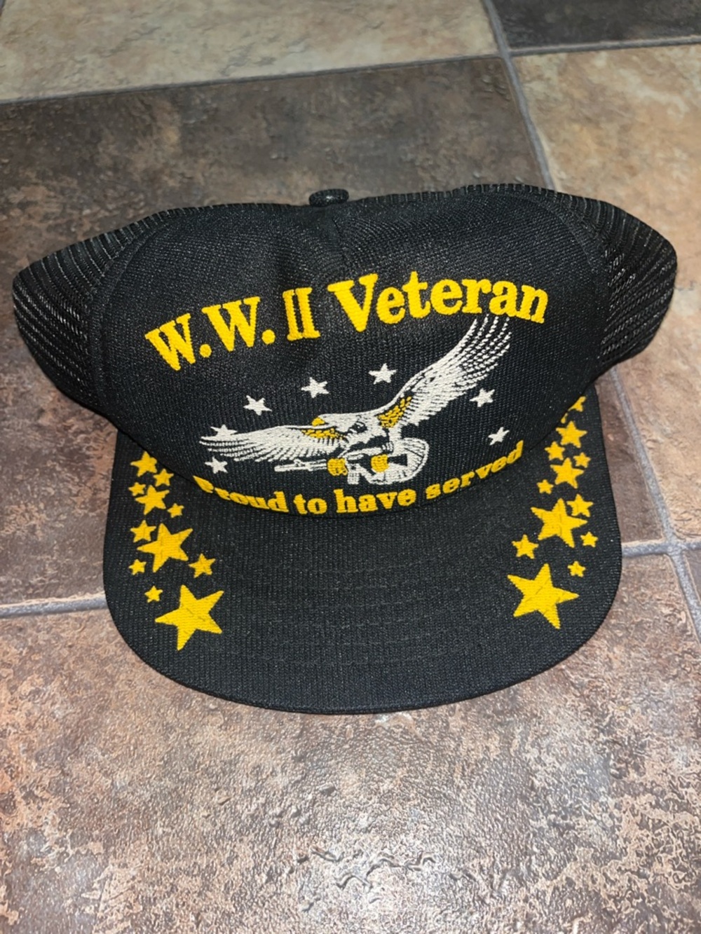 American Apparel Black WW II Veteran Trucker Hat with Yellow Embroidery